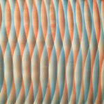 An orange and blue painting with wavy lines.