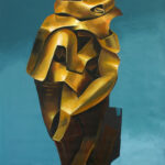 A painting of a golden sculpture on a blue background.