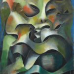 An abstract painting of a woman with a green head.