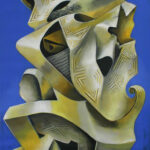 A painting of a yellow sculpture on a blue background.