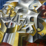 A painting of a gold and silver sculpture.