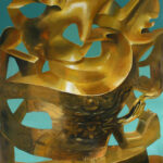 A painting of a gold sculpture on a blue background.