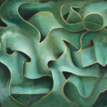 An abstract painting of green and black shapes.