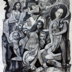 A black and white drawing of a group of people.