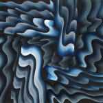 A painting with blue and black waves on a black background.