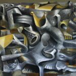 A painting of a grey and yellow abstract painting.