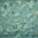 A painting with gold and blue shapes on a blue background.