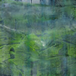 An abstract painting with green and blue colors.