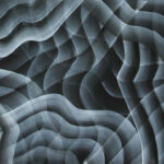 A black and white painting with wavy lines.