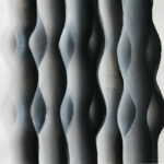 A black and white painting of a series of curved lines.