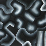 An abstract painting with black and white shapes.