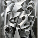 A black and white painting of a silver sculpture.