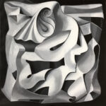 A black and white painting of abstract shapes.