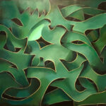 An abstract painting of green and black shapes.