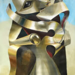 A painting of a gold sculpture with a hat on it.