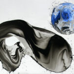 A black and white painting with a blue and white sphere.