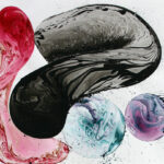 A painting of a black, pink, and purple liquid.