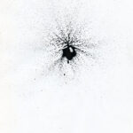 A black and white drawing of a bullet hole.