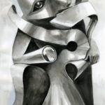 A black and white drawing of a sculpture.