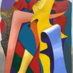 An abstract painting of a woman sitting on a chair.