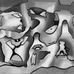 A black and white drawing of a group of people.