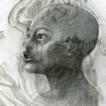 A drawing of a woman's head with swirls.