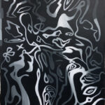 A black and white painting with abstract designs on it.