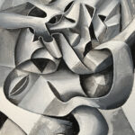 A black and white painting of abstract shapes.