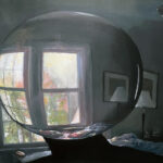 A painting of a glass ball in front of a window.