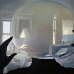 A painting of a person holding a glass ball in front of a room.