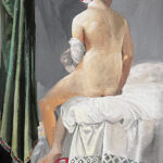 A painting of a nude woman sitting on a bed.