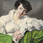 A painting of a woman in a white shirt and green blanket.