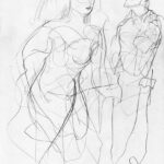 A sketch of a man and a woman standing next to each other.