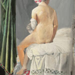 A painting of a nude woman sitting on a bed.