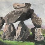 A painting of a group of rocks in a field.