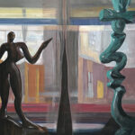 A painting of two statues in front of a window.