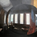 A painting of a mirror in a room.