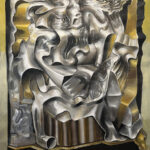 A painting of a gold and silver sculpture.