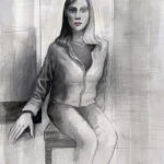 A drawing of a woman sitting on a chair.