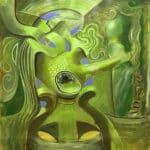 An abstract painting of a green creature.