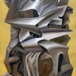 A painting of a metal sculpture on a yellow background.