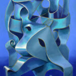 A painting of a blue sculpture on a blue background.