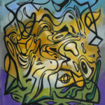 An abstract painting with yellow and purple colors.