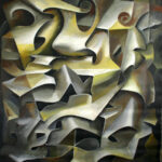 A painting of abstract shapes in yellow and grey.