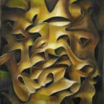 An abstract painting with yellow and brown colors.