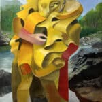 A painting of a man holding a yellow sculpture.