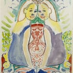 A watercolor painting of two women sitting on top of each other.