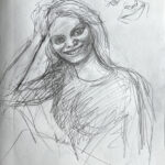 A sketch of a woman with a smile on her face.