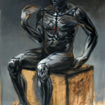 A painting of a man sitting on a box.