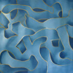 An abstract painting of blue and gold lines.